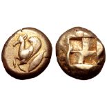 Mysia, Kyzikos EL Stater. Circa 500-450 BC. Forepart of winged stag left; tunny fish below /