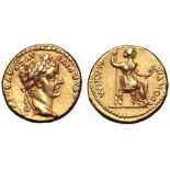 Tiberius AV Aureus. Rome, AD 14-37. [TI CAE]SAR DIVI AVG F AVGVSTVS, laureate head right / PONTIF