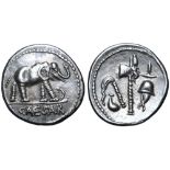 Julius Caesar AR Denarius. Military mint travelling with Caesar, 49-48 BC. Elephant advancing right,