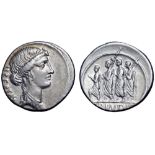 Q. Servilius Caepio (M. Junius) Brutus AR Denarius. Rome, 54 BC. Bust of Libertas right; LIBERTAS