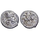 L. Julius AR Denarius. Rome, 141 BC. Helmeted head of Roma right; XVI behind / The Dioscuri riding