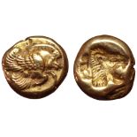 Lesbos, Mytilene EL Hekte. Circa 521-478 BC. Winged boar flying right / Incuse head of roaring