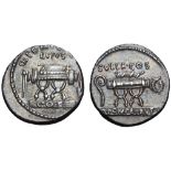 Q. Pompeius Rufus AR Denarius. Rome, 54 BC. Curule chair flanked by arrow and laurel-branch; Q•