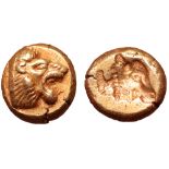 Lesbos, Mytilene EL Hekte. Circa 521-478 BC. Head of roaring lion right / Incuse head of calf right;