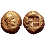 Mysia, Kyzikos EL Stater. Circa 450-330 BC. Archaistic head of Dionysos to right, wearing diadem and