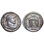 Galerius, as Caesar, AR Argenteus. Heraclea, AD 295. MAXIMIANVS CAESAR, laureate bust right / VIRTVS