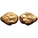 Mysia, Kyzikos EL Stater. Circa 550-500 BC. Kerberos standing to left on tunny fish /