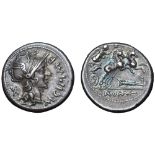 M. Cipius AR Denarius. Rome, 115-114 BC. Helmeted head of Roma right; M•CIPI•M•F before, X