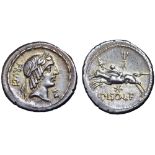 L. Calpurnius Piso Frugi AR Denarius. Rome, 90 BC. Laureate head of Apollo right; FRVGI behind, star