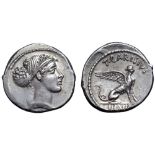 T. Carisius AR Denarius. Rome, 46 BC. Head of Sibyl Herophile right, hair elaborately decorated with