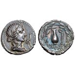 Q. Caecilius Metellus Pius AR Denarius. Spain, 81 BC. Diademed bust of Pietas right, stork