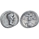 Octavian AR Denarius. Italian mint (Rome?), autumn 30 - summer 29 BC. Bare head right / Military