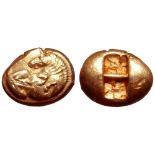 Ionia, uncertain mint EL Trite. Circa 600-550 BC. Lydo-Milesian standard. Horse rolling over on to