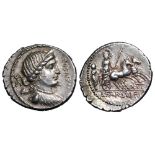 L. Farsuleius Mensor AR Denarius. Rome, 75 BC. Diademed and draped bust of Libertas right; MENSOR