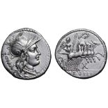 M. Tullius AR Denarius. Rome, 119 BC. Helmeted head of Roma right; ROMA behind / Victory in quadriga