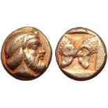 Lesbos, Mytilene EL Hekte. Circa 455-428/7 BC. Head of an aged satyr facing right, wearing