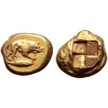 Mysia, Kyzikos EL Stater. Circa 450-330 BC. Lion to right, gnawing on the leg of a prey animal,