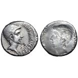 Octavian AR Brockage Denarius. Southern or central Italian mint, summer 37 BC. Bare head right, with