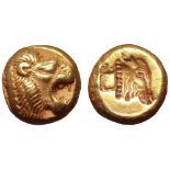 Lesbos, Mytilene EL Hekte. Circa 521-478 BC. Head of roaring lion right / Incuse head of calf right;
