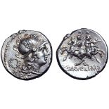 C. Servilius M. f. AR Denarius. Rome, 136 BC. Helmeted head of Roma right; wreath above XVI monogram