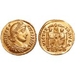 Theodosius I AV Solidus. Thessalonica, AD 379. D N THEODOSIVS P F AVG, pearl-diademed, draped and