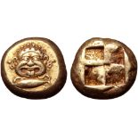 Mysia, Kyzikos EL Stater. Circa 500-450 BC. Facing gorgoneion with mouth open and tongue protruding,