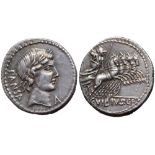 C. Vibius C. f. Pansa AR Denarius. Rome, 90 BC. Laureate head of Apollo right; A below chin, PANSA