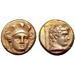 Lesbos, Mytilene EL Hekte. Circa 375-326 BC. Head of Athena facing three-quarters right, wearing