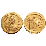 Justinian I AV Solidus. Constantinople, AD 538-545. D N IVSTINIANVS P P AVG, helmeted and