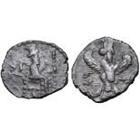 Samaria, uncertain mint AR Obol. Circa 375-333 BC. King of Persia seated right, on throne with