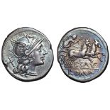 L. Saufeius AR Denarius. Rome, 152 BC. Helmeted head of Roma right; X behind / Victory in biga