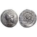 Ionia, Lebedos AR Tetradrachm. Circa 160-140 BC. Stephanophoric type. Korabos, magistrate. Head of