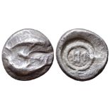 Samaria(?), uncertain mint AR Quarter-Shekel. Circa 4th century BC. Two dolphins leaping in opposite