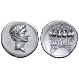 Octavian AR Denarius. Italian mint (Rome?), autumn 30 - summer 29 BC. Bare head right / IMP•CAESAR