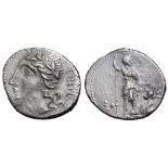 The Social War, Marsic Confederation AR Denarius. Bovianum(?), 89 BC. Laureate head of Italia