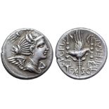 C. Valerius Flaccus AR Denarius. Massalia, 82 BC. Draped and winged bust of Victory right; tripod