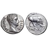 Augustus AR Denarius. Lugdunum, 15-13 BC. AVGVSTVS DIVI•F, bare head right / Bull butting to
