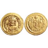 Maurice Tiberius AV Solidus. Constantinople, AD 583-602. D N MAVRC TIb P P AVG, helmeted, draped and