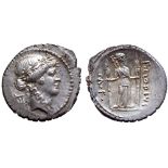 P. Clodius M. f. Turrinus AR Denarius. Rome, 42 BC. Laureate head of Apollo right; lyre behind /