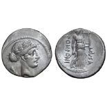Q. Pomponius Musa AR Denarius. Rome, 66 BC. Laureate head of Apollo right, flower on stem behind /