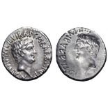 Marc Antony and Octavian AR Brockage Denarius. Military mint moving with Antony (Ephesus?), 41 BC.