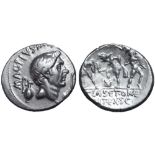 Sextus Pompey AR Denarius. Uncertain mint in Sicily (Catania?), 42-40 BC. Bare head of Pompey Magnus