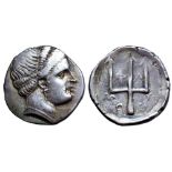 Crete, Phalasarna AR Stater. Circa 300 BC. Head of Britomartis to right, her hair tightly bound /