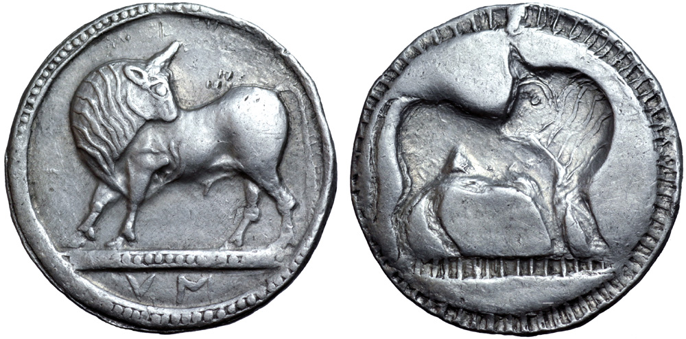 Lucania, Sybaris AR Stater. Circa 530-510 BC. Bull standing left, head right; VM in exergue / Incuse