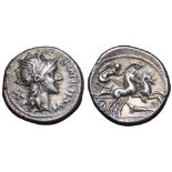 M. Cipius AR Denarius. Rome, 115-114 BC. Helmeted head of Roma right; M•CIPI•M•F before, X