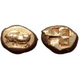 Mysia, Kyzikos EL Stater. Circa 550-500 BC. Female boar (sow) standing left; below, tunny fish to