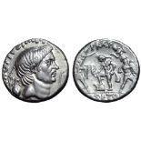 Sextus Pompey AR Denarius. Uncertain mint in Sicily (Catania?), 42-40 BC. Bare head of Pompey Magnus