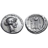 L. Manlius Torquatus AR Denarius. Rome, 65 BC. Ivy-wreathed head of Sybil right; [SIBYLLA below neck