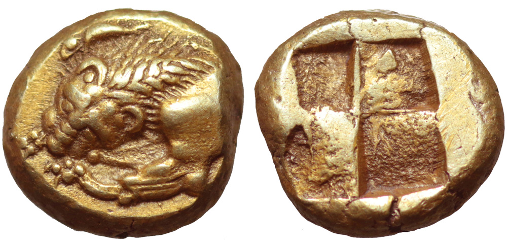 Ionia, Phokaia EL Hekte. Circa 521-478 BC. Forepart of lion left, devouring prey; above, small