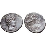 C. Vibius C. f. Pansa AR Denarius. Rome, 90 BC. Laureate head of Apollo right; X below chin, PANSA